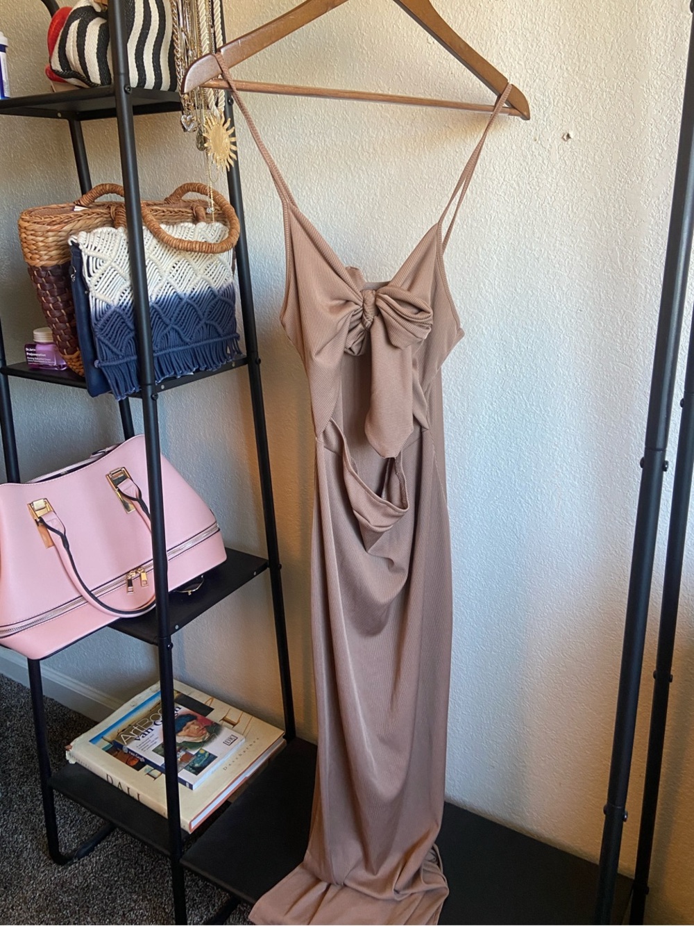 Sleeveless Bow-Detail Maxi Dress in Taupe